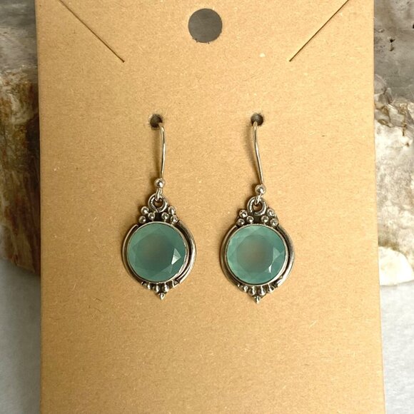 Sterling Silver 925 YS India Round Faceted Chalcedony Quartz Dangle Earrings - Picture 11 of 16